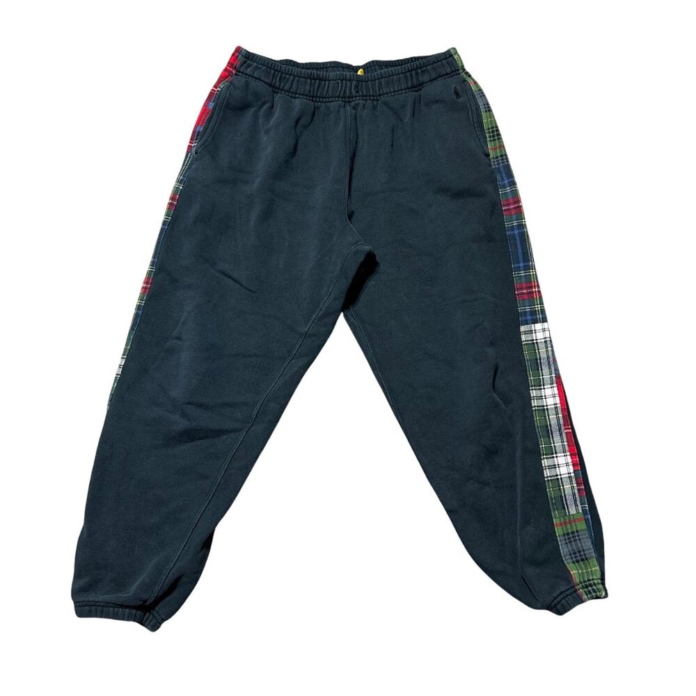 Polo Ralph Lauren Men's SZ Medium Navy Sweatpants Plaid Side Panels & Elastic Wa